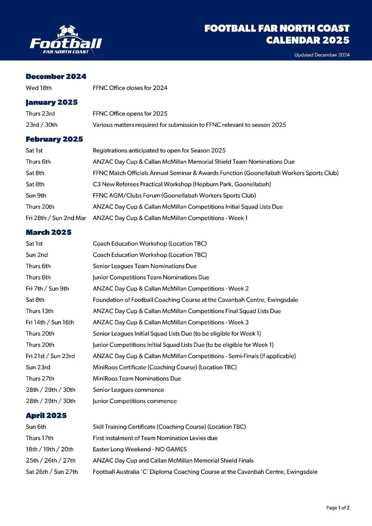 Key Dates in the 2025 Football Far North Coast Calendar – Byron Bay FC