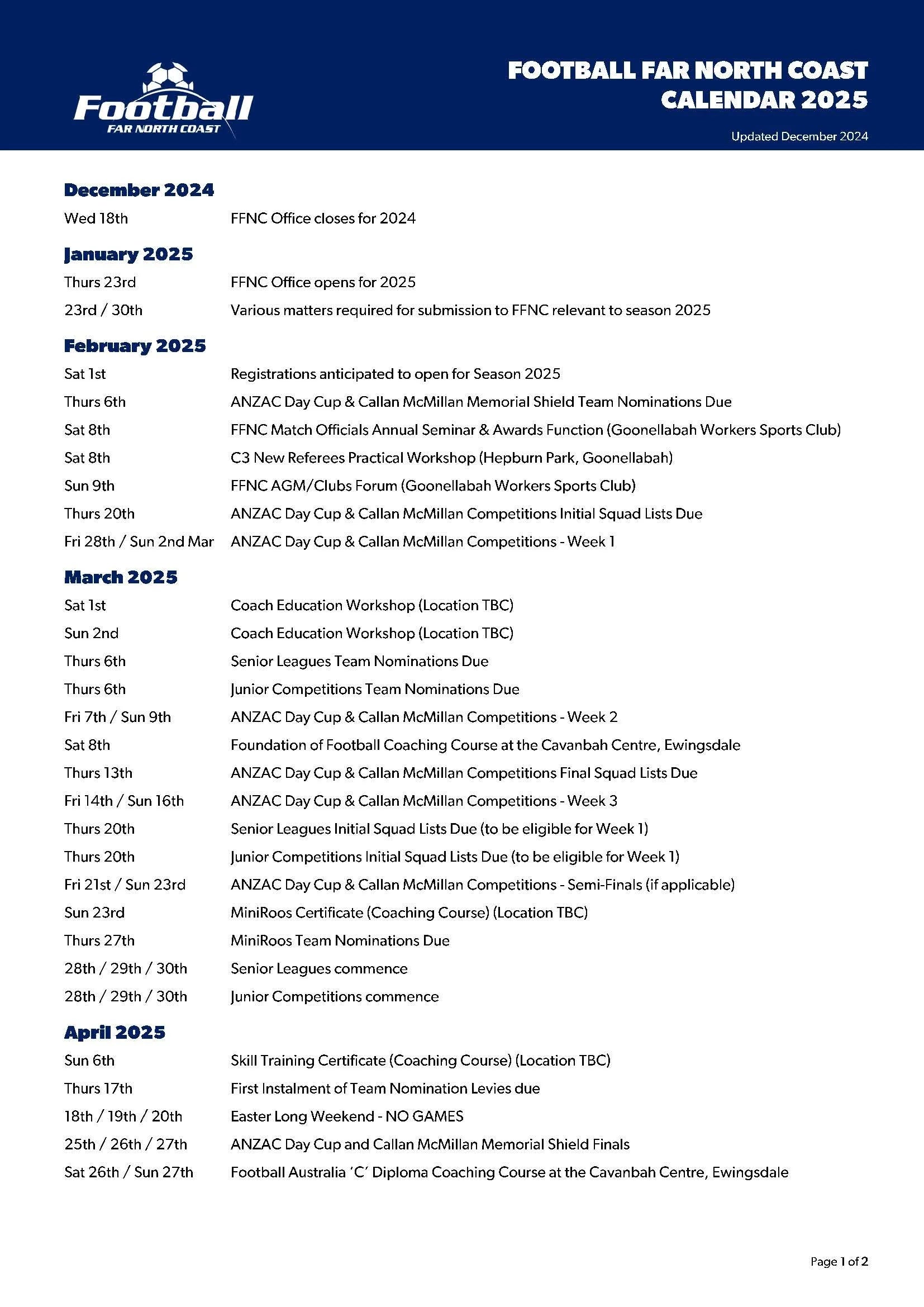 Key Dates in the 2025 Football Far North Coast Calendar