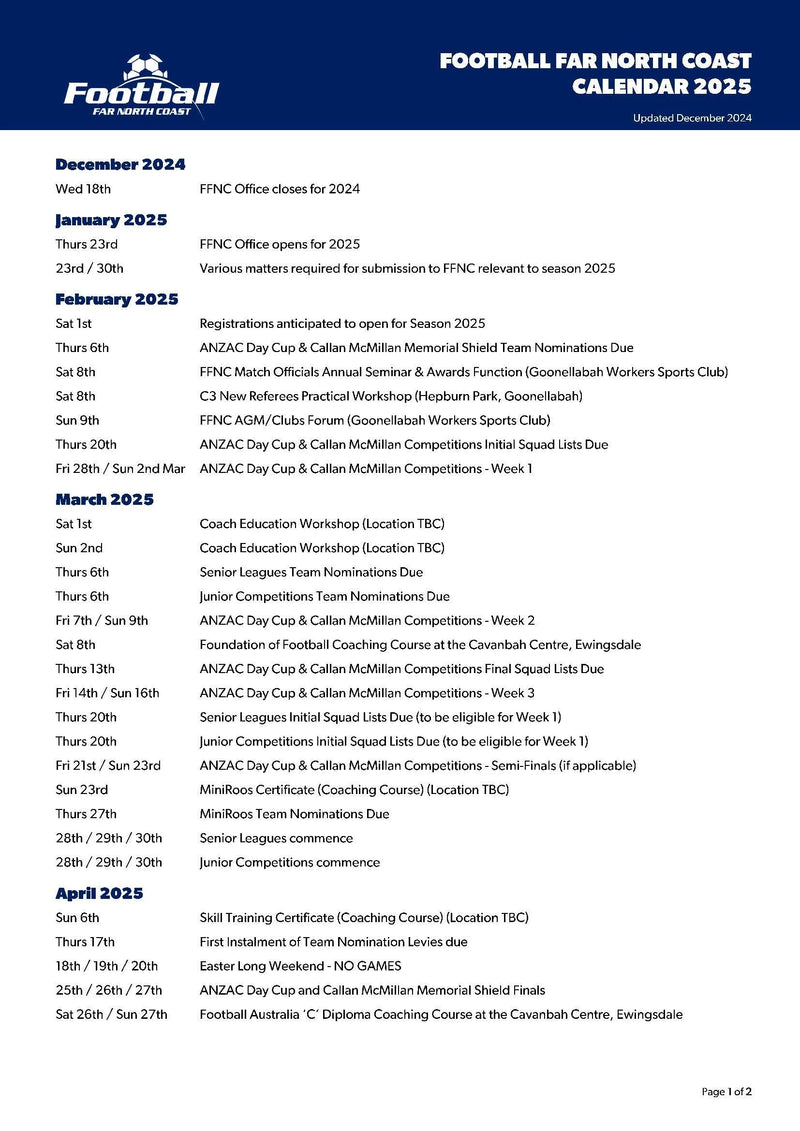 Key Dates in the 2025 Football Far North Coast Calendar