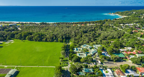 Byron Bay Recreation Grounds and the beach from above